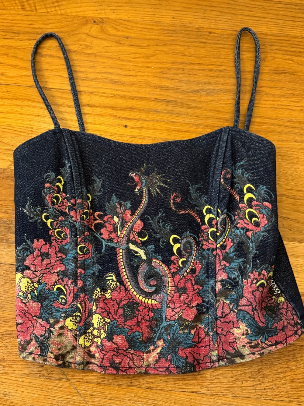 RARE XOXO Dark denim dragon corset top